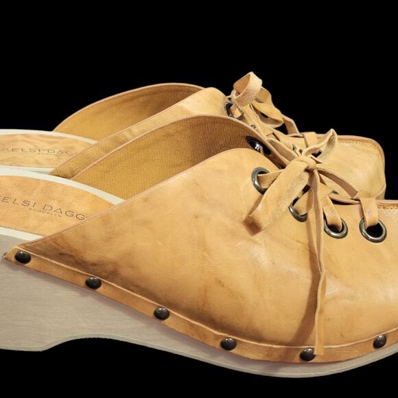 Kelsi Dagger Clogs Tan Leather Lace Up Wedge Wood Heel Mule Slip On Retro Size 9 - Picture 7 of 15